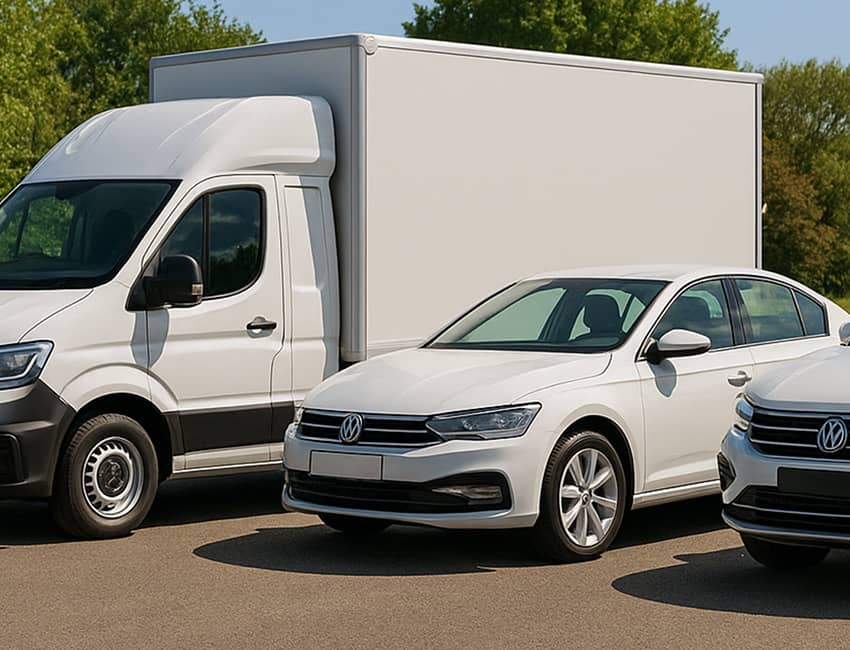 Fleet of rental vehicles including a van and cars